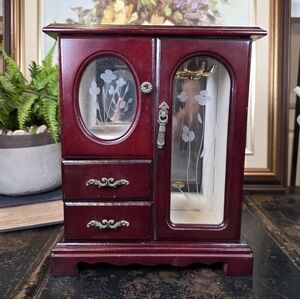 Vintage Mini Wooden Armoire Jewelry Box | Etched Glass & Velvet Lined (10" H)